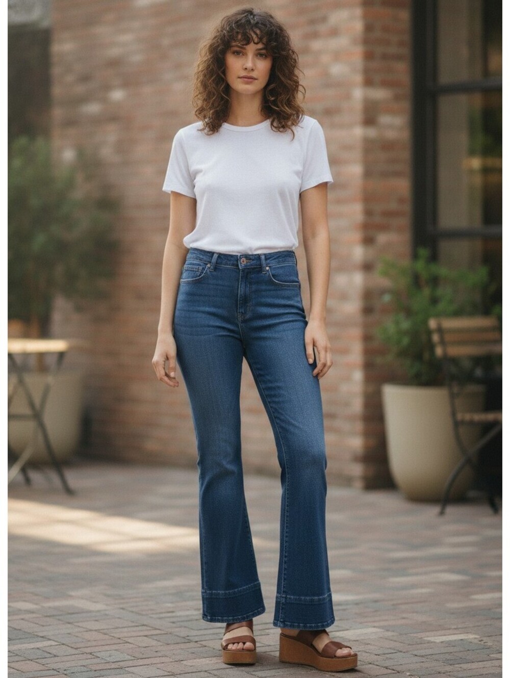 Level 99 Claudia Flare Jeans Savvy Blue Dark Wash High Rise Wide Hem Stretch 30